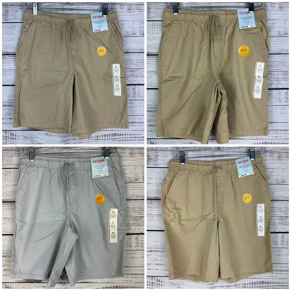 Cat & Jack Lot of 4 Boys XL 14 Khaki Gray Pull On Shorts Drawstring Uniform NEW